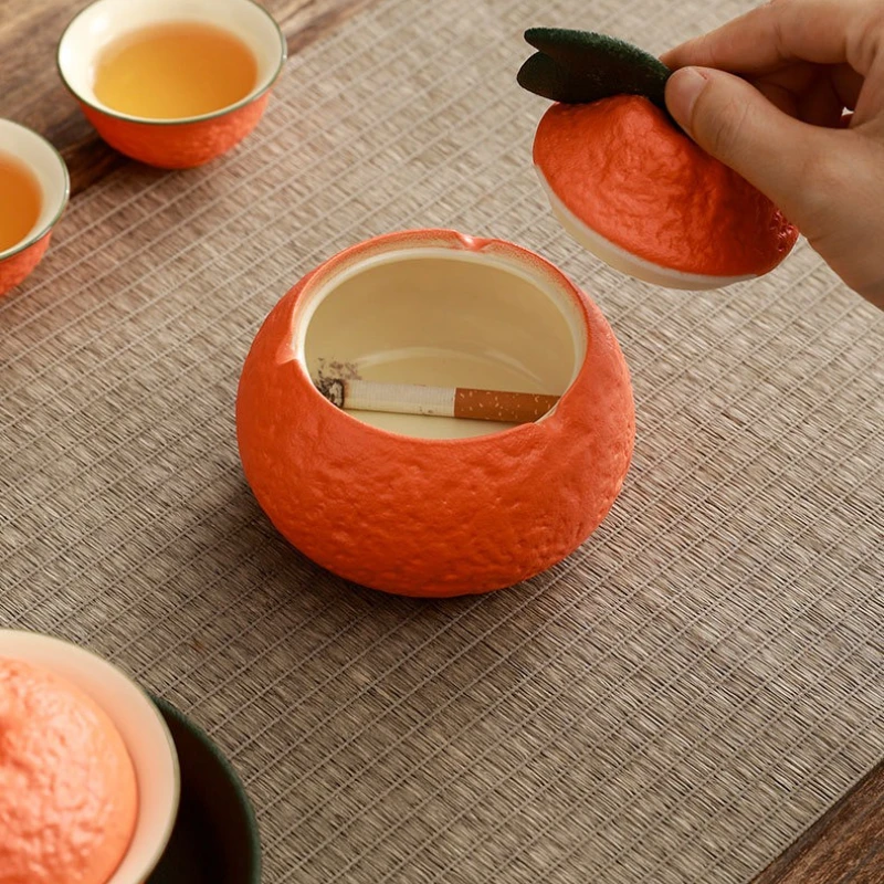 Ceramic Orange Ashtray with Cover for Household Tea Table