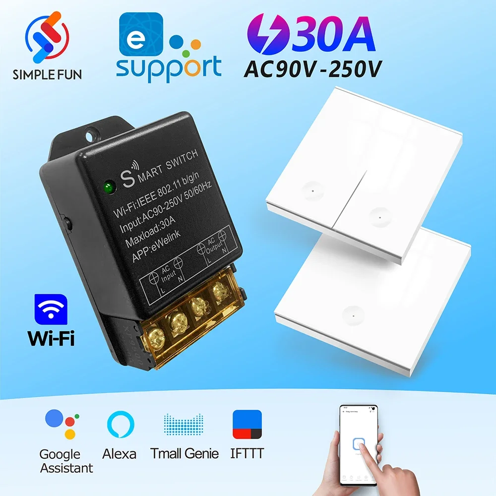 Ewelink-wifi Interruptor de Controle Remoto 110v 220v 30a Receiver2.4ghz Interruptor do Painel de Parede Controle App Temporizador Funciona com Alexa Google Home