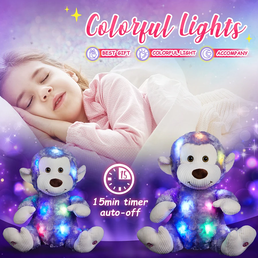 32cm Purple Monkey Doll Toys Luminous Stuffed Animal Pillow Musical LED Light Plush Toy Lovely Glowing Toys for Children Kids