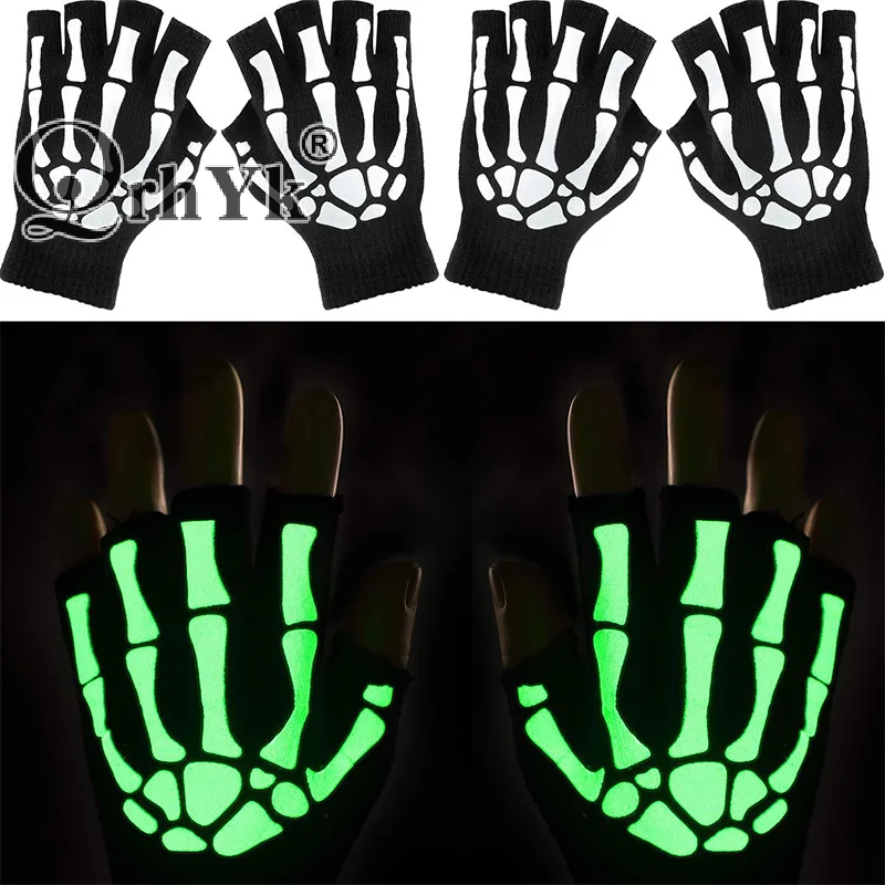 Warm Gloves Half Finger Gloves Fashion Halloween Style Gloves Luminous Horror Skull Bone Skeleton Half Gloves Novelty Unisex Mittens Winter Warmer