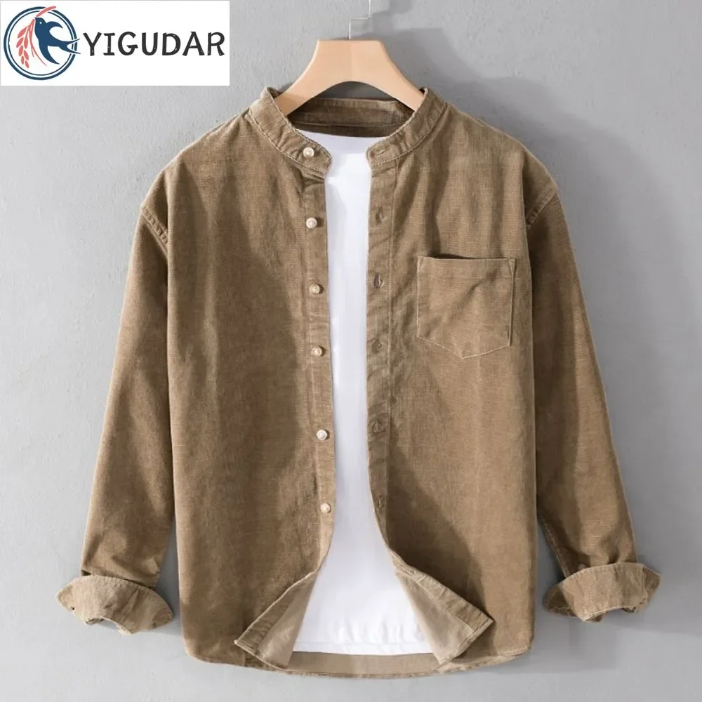 

Spring Autumn Style Long Sleeve Casual Trend Corduroy Shirt Men Long Sleeved Retro Small Standing Collar Casual Shirt Men Coat