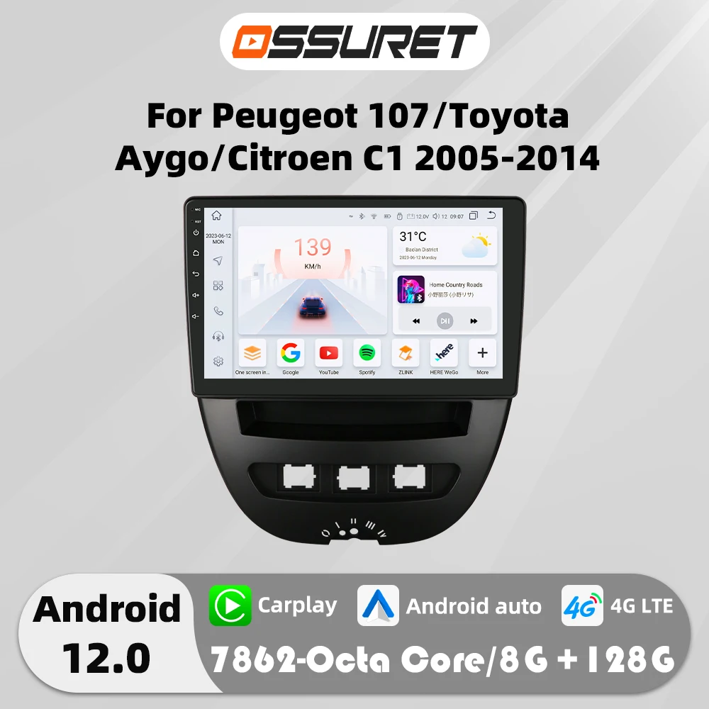4G Carplay Android 12 Autoradio Für Peugeot 107 Für Toyota Aygo Für Citroen C1 Auto radio Multimedia video-player GPS navi Bildschirm