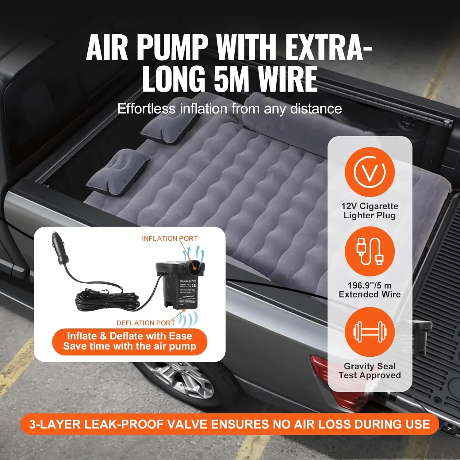 Truck Bed Air Mattress, for 6-6.5 ft Full Size Truck Beds, Inflatable Air Mattress Bed with 12V Air Pump 2 Pillows 3