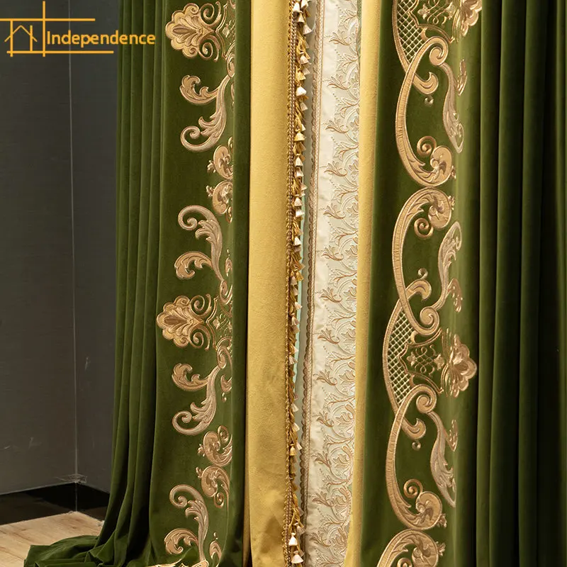 New French light luxury curtain velvet embroidery retro green American