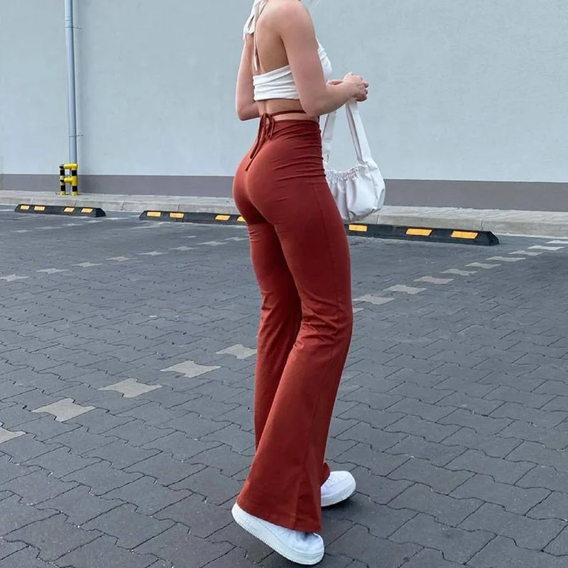 Casual Bandage Women Y2K Flare Pants Skinny Belly Button High Waist Trousers Stretch Wild Streetwear Autumn Bottoms E Girl 2022