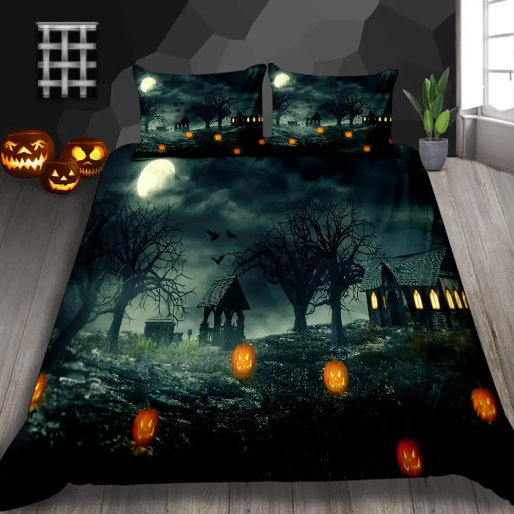 Vintage Haunted House Pumpkin Halloween Bed Set
