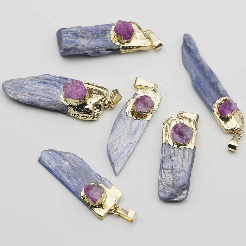 Natural Raw Stone Blue Crystal Strip Pendant Rose Quartz Agate Necklace Mineral Healing Charm Jewelry Accessories Wholesale 8Pcs