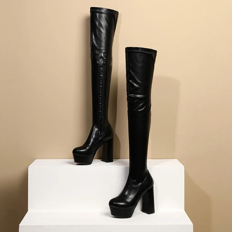 

BLXQPYT Fashion Sexy Thigh High Boots Women Designer High Heels Beautiful Legs Winter Plus Size 45 Black Platform Shoes A-730-1