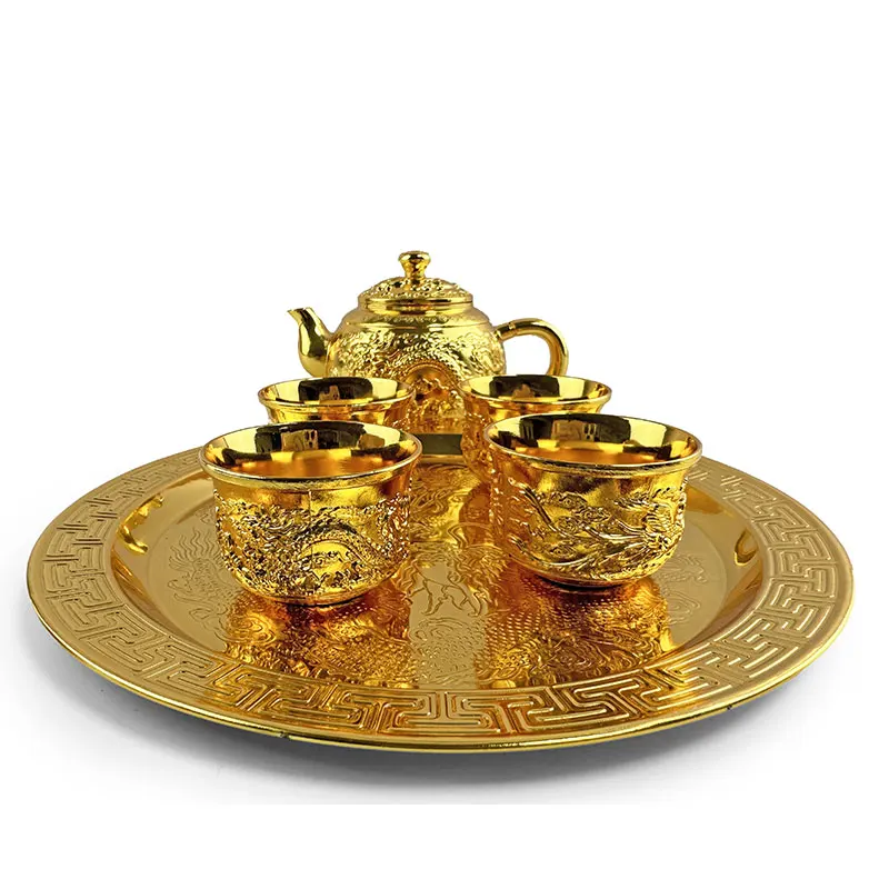 

Golden Dragon Phoenix Tea set Luxurious palace style 1 teapot 4 cups 1 tray home kung fu tea set