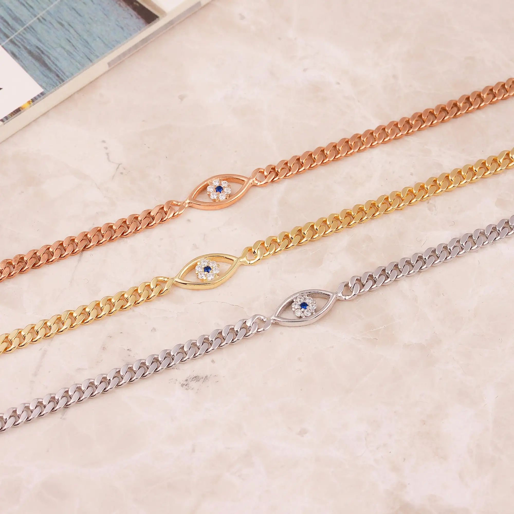 18K Gold Electroplated Devil's Eye Bracelet with Cuban Chain Daily Bracelet with Diamonds Birthday Gift for Women