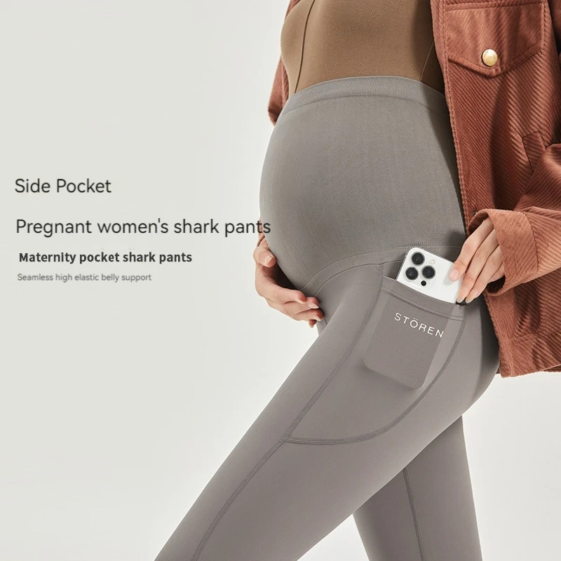 Pregnant Women's Pocket Shark Skin Underpants Fashion Hip Lifting and Slimming Sports Casual Waist Protection Barbie Pants