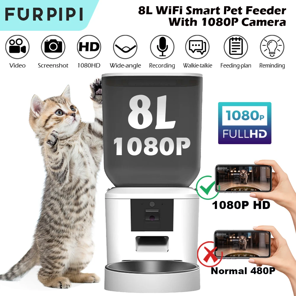 Automatic Feeder for Cats Dogs with Camera HD 4L/8L Furpipi HD 1080P 2.4G/5GWiFi Time Setting Feeder for Pets Dogs Cats Bowls 1