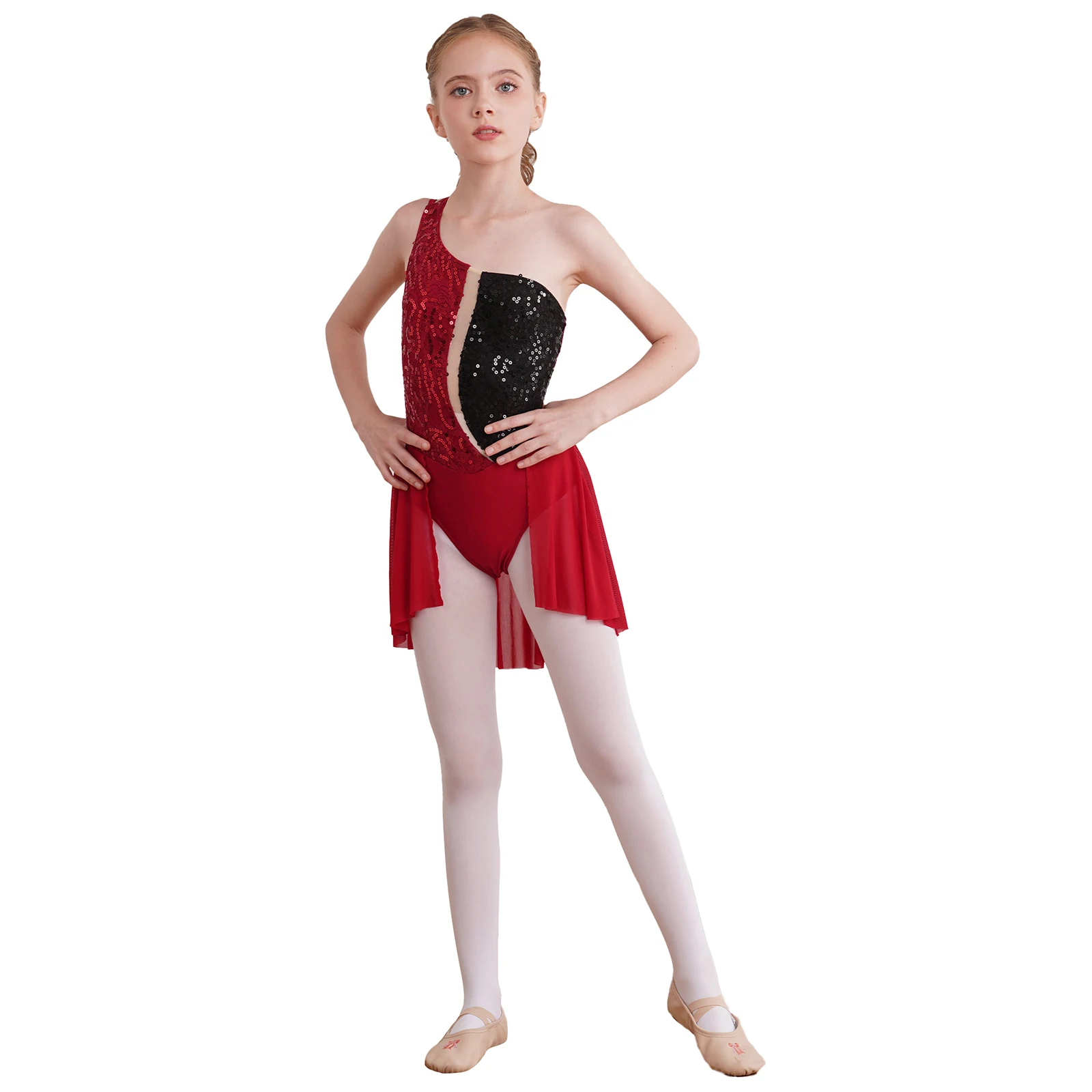 

Kids Girls Ballet Lyrical Dance Dress Glittery Sequins Sleeveless One Shoulder Gymnastics Leotard Dresses Figure Skating Costume