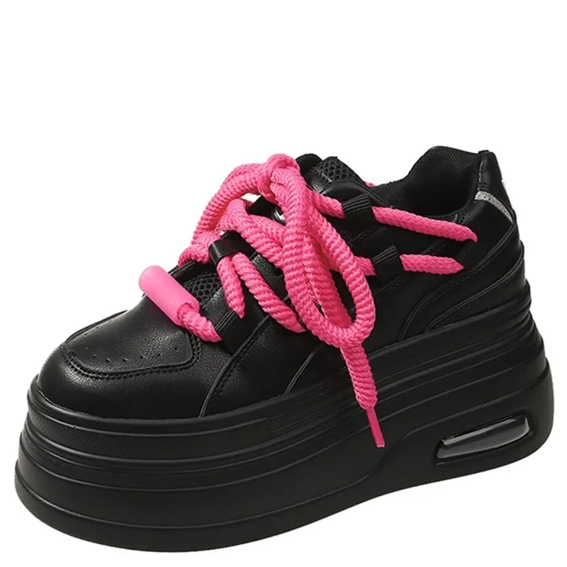 

New Women Lace-up Chunky Leather Sneakers 7CM High Platform Ulzzang Sports Shoes Autumn Breathable Thick Bottom Casual Dad Shoes