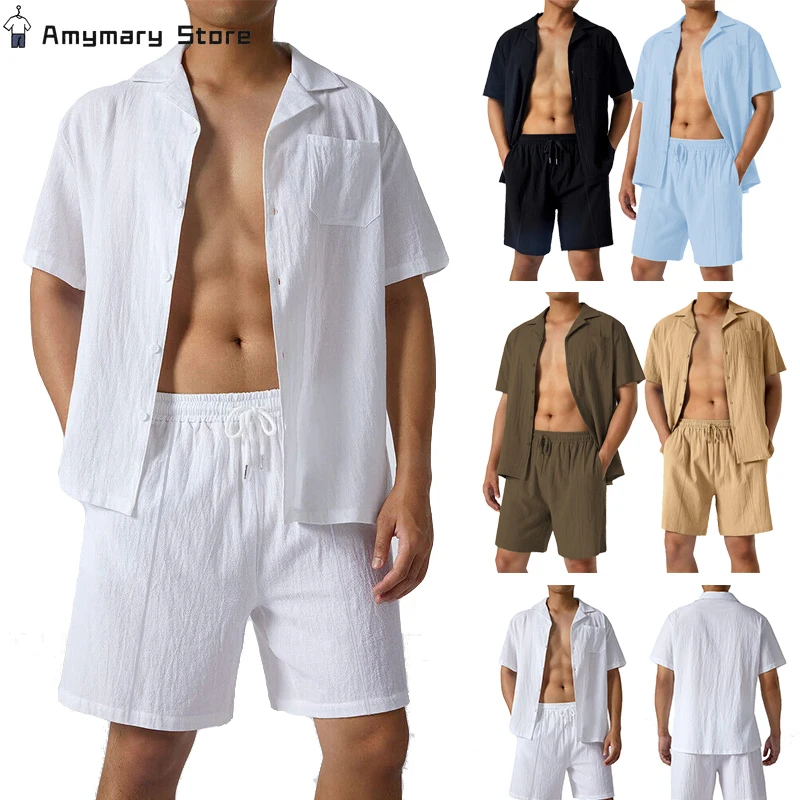 New Summer Men's Short Sleeve Shirt Shorts Suit Solid Color Leisure Lapel Button Shirt Suit Beach Holiday Party Cardigan Shirt