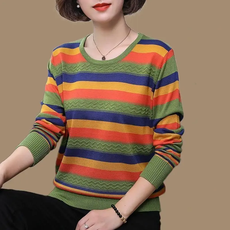 

Women's Pullover Striped Fashion Sweater Loose Round Neck Long Sleeve Knitted Spring and Autumn Office Lady Women's Clothing
