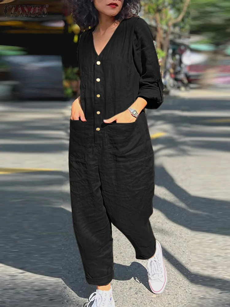 

ZANZEA Women Elegant Solid OL Work Rompers Fashion Casual Loose Long Overalls Vintage Playsuits V Neck Long Sleeve Jumpsuits
