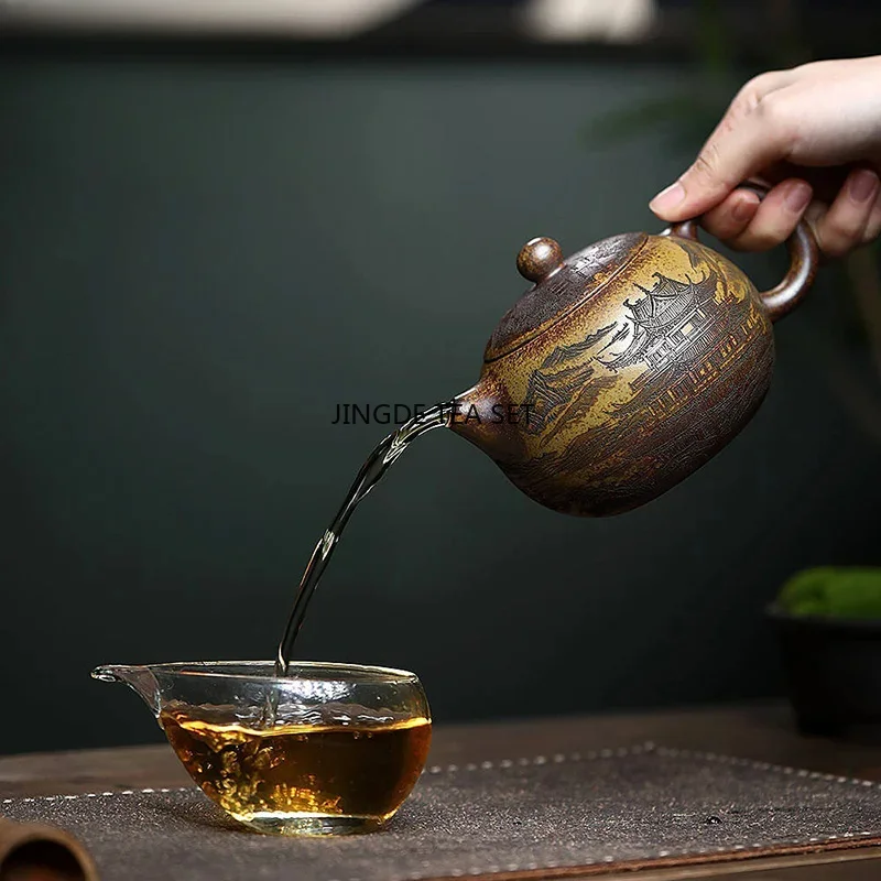 Yixing Purple Clay Teapot Large Capacity Burnt Wood Dragon Bone Golden Sand Phoenix Joyful Stone Chinese style Tea Pot