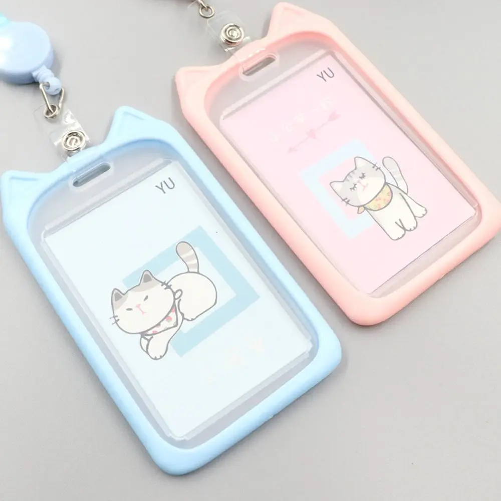 1PC Cute Cartoon Cat Card Holder Bank Identity Bus ID Card Sleeve Case With Retractable Reel Lanyard Credit Cover Case Kids Gift card holder credit card holder