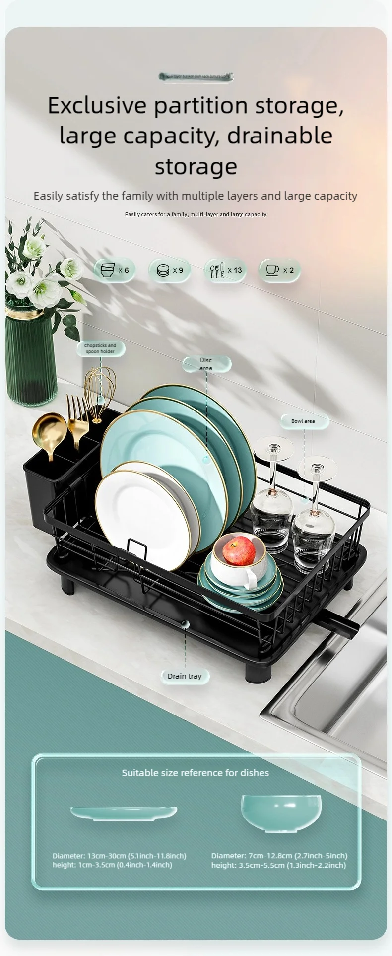 Description Picture 3 of itemKitchen Dish Rack Dinnerware Drying Rack Chopsticks and Cutlery Storage Rack Household Multifunctional Countertop Shelf Drainer
