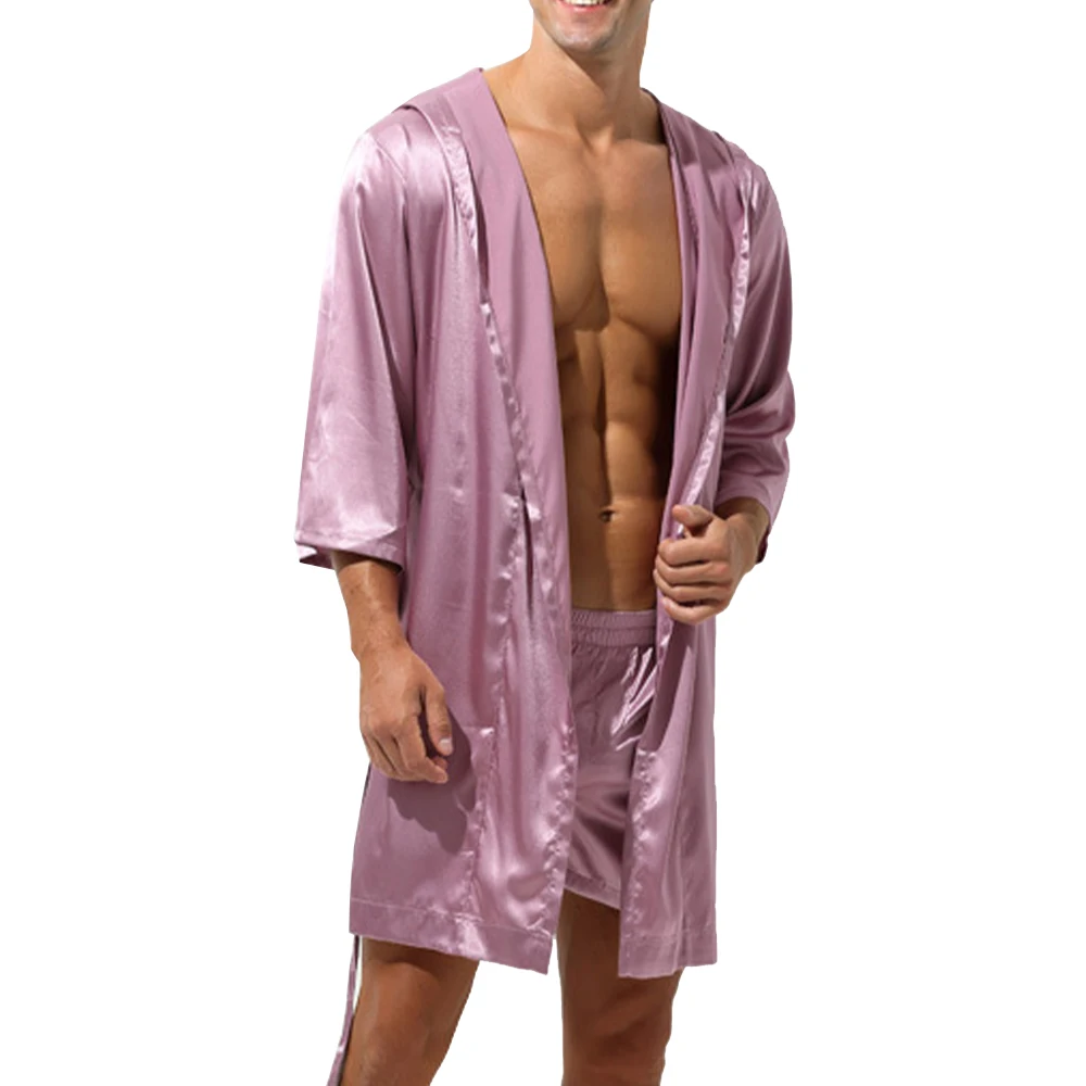 Men's Hooded Robes Loose Satin Silk-Like Summer Bathrobe Pajamas Sleepwear Gown Bath Robe Nightwear Kimono Robe
