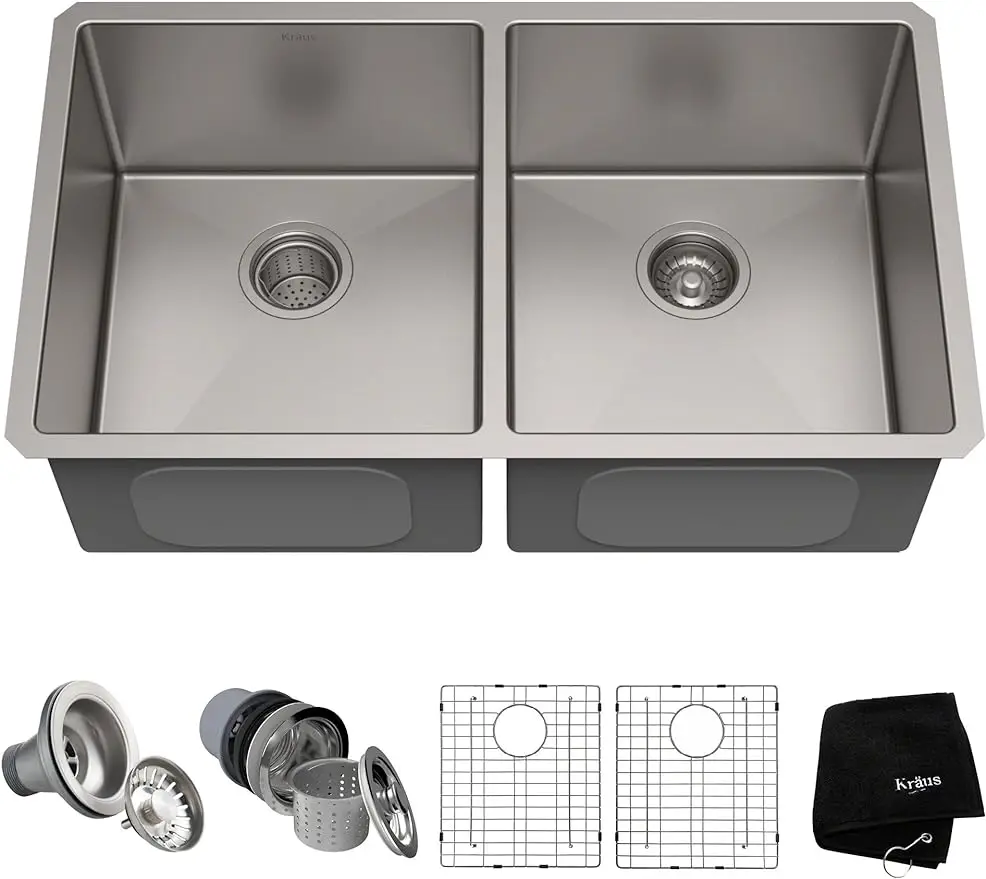 

Kraus Standard PRO 33-inch 16 Gauge Undermount 50/50 Double Bowl Stainless Steel Kitchen Sink, KHU102-33