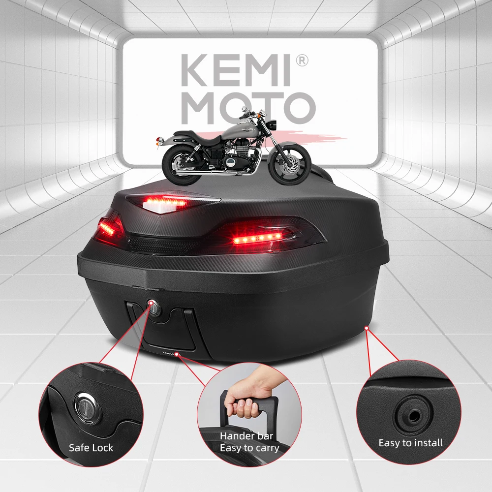 KEMIMOTO 범용 보안 래치 오토바이 후면 화물 트렁크 스쿠터 탑 박스 보관 수하물 탑 박스 케이스, LED 미등 포함, 48L, 신제품
