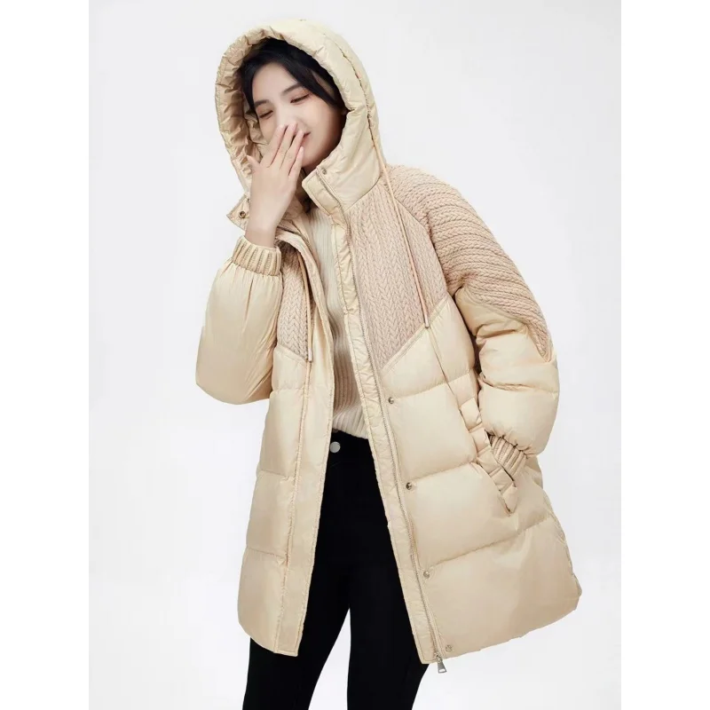 

Down Jacket Women's Mid-Length 2023 Winter Knitting 90 White Duck down Hooded Warm Fashion
