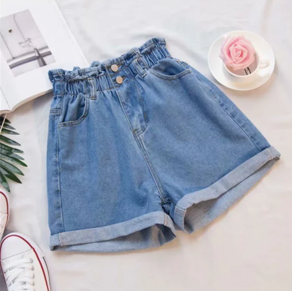 2023 Summer Women Denim Shorts Women Ruffled White Blue High Waisted Shorts Female Elastic Short Jeans