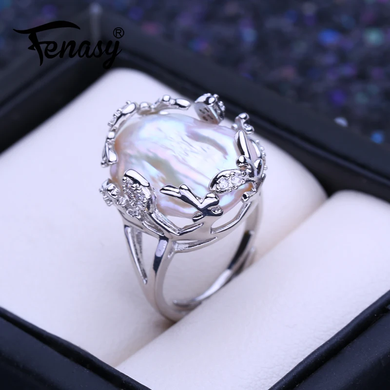 FENASY Natural Freshwater Irregular Big Baroque Pearl 925 Sterling Silver Rings For Women Female Wedding Jewelry Birthday Gift 1