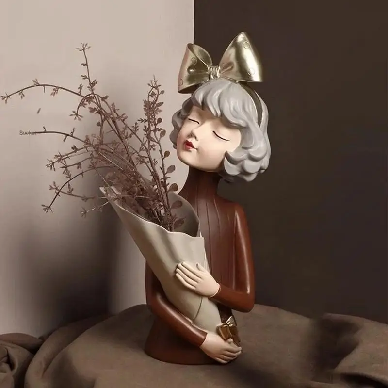 

Girl Shape Statue Vase Resin Figurines Flower Arrangement Decoration Vase Desktop Planter ornaments for Bedroom Dining Table