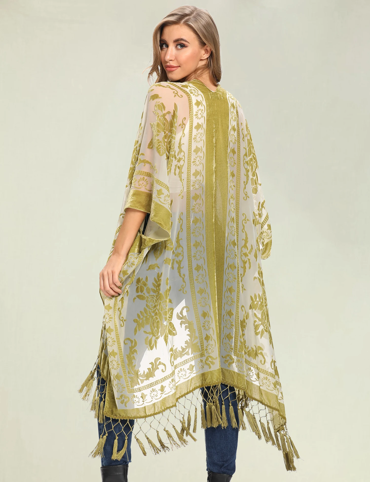 Wehello-velvet kimono for women, bohemian long cardigan with tassel, beach cover-up, chiffon shawl 2