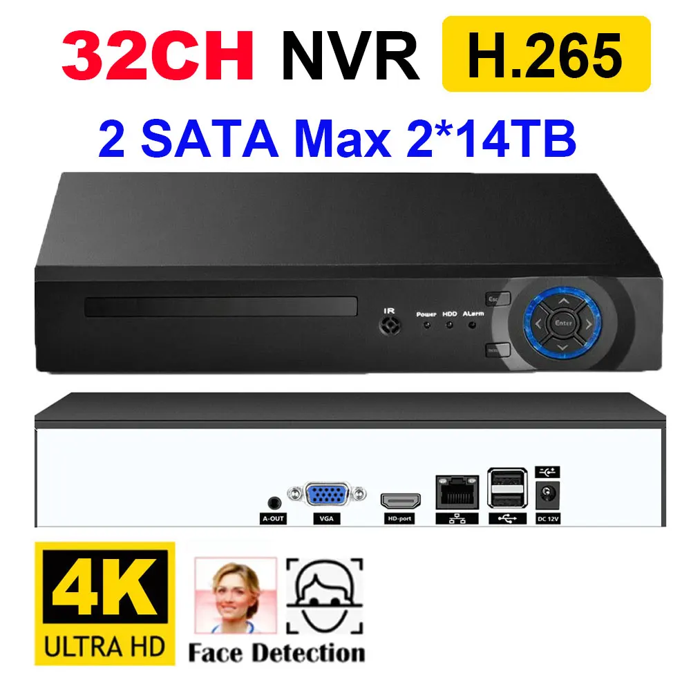 

H.265+ 32CH 4K 8MP Face Detection NVR 2 SATA Max 2*14TB IP Network Security Video Recorder Motion Detect P2P CCTV NVR XMEye