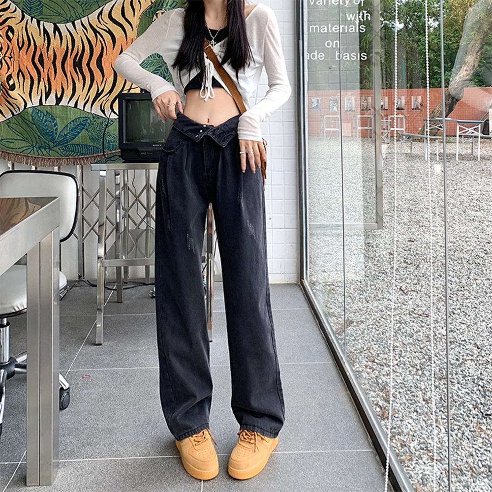 Джинсы женские прямые с высокой талией, Модные Винтажные брюки из денима в Корейском стиле, уличная одежда