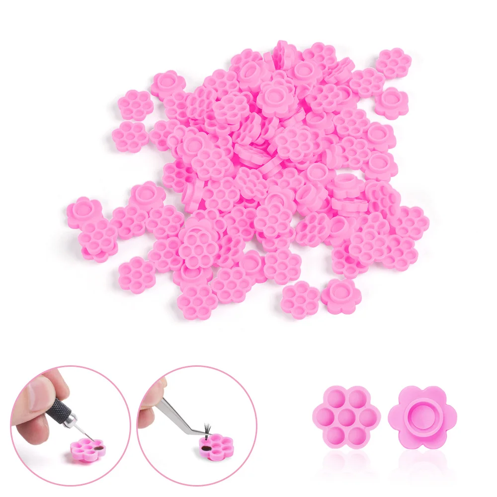 

New 100 PCS Seven holes False Eyelash Extension Blooming Cup Glue Holder Pink Flower Plum Shaped Eyelashes Accessories