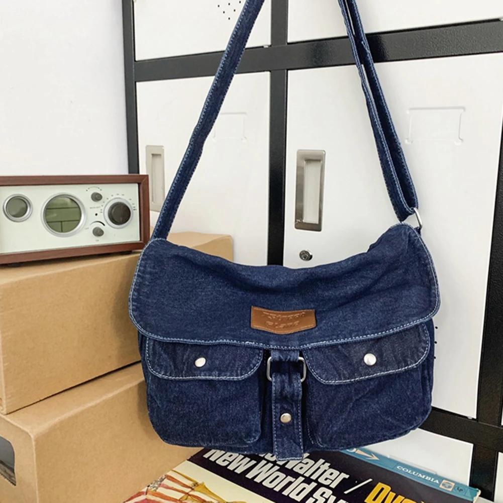 Women Denim Shoulder Bag Multi Pocket Crossbody Pouch Large Capacity Versatile Adjustable Strap Jean Bag for Travel Work