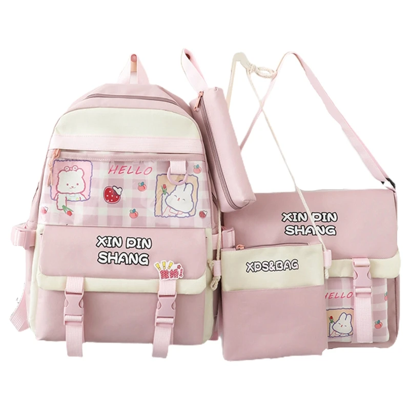 

4Pieces Backpack Girl School Bag Waterproof Nylon with Lovely Pendant Cute Pin Mini Backpack College Vintage Travel Bag
