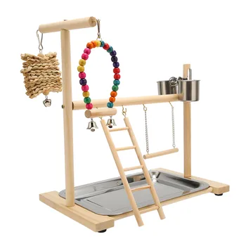 Wood Parrot Playstand with Feeding Cups – Safe Bite-Resistant Bird Playground to Relieve Boredom