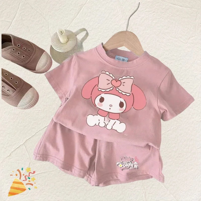 Sanrio Kuromi Kids Cinnamoroll Cartoon T-shirt Top with Shorts Set Cute My Melody Girls Boys Summer Short Sleeved 2pcs Outfits 5