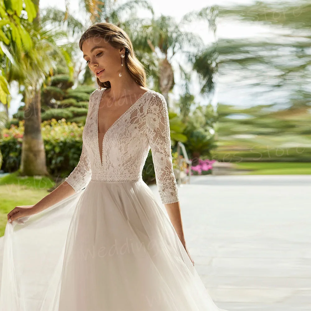 Sexy V Neck A Line Women's Wedding Dresses Appliques Lace Backless Bride Gowns Three Quarter Sleeve Vestidos De Novia wedding dresses