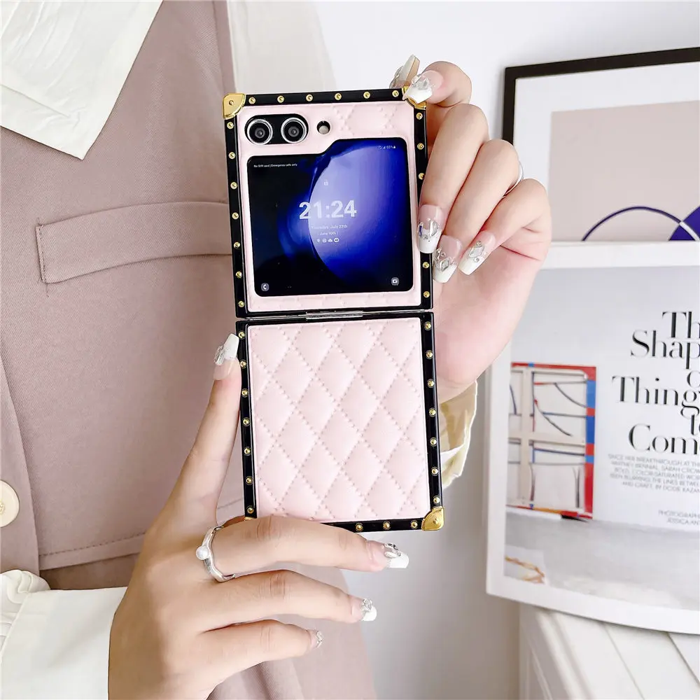 Coque de placage en cuir PU avec grille 3D, étui carré antichoc pour Samsung Galaxy Z Flip 5 Zflip 4 3_voghion.com