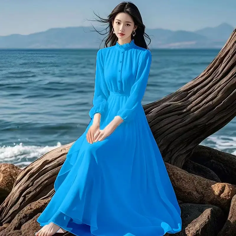 Modna sukienka damska z falbankami przy dekolcie, zapinana na guziki, z zakładkami, długa, odzież damska, nowa kolekcja jesień 2025, luźna, z długim rękawem, uniwersalna.