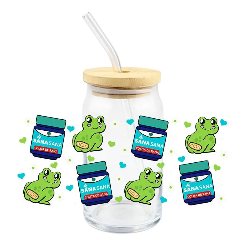 Cute Frog UV DTF Wrap Transfer Stickers Cartoon Green Design DTF Wrap For Glasses Cups Decals Waterproof Decal