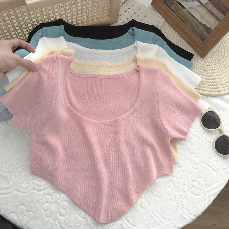 

Korean Fashion Cute Girl y2k Streetwear Solid T Shirt Tees Top O-neck White Black Knitted Sexy Crop Tops Ropa Mujer For Women