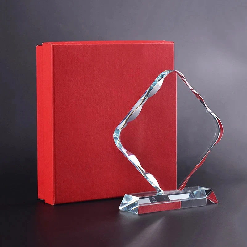 New Customized Free rhombus Shape Crystal Glass Plaque Trophy Meeting Events Award Cup Home Decor Handicraft Souvenir Medal, 1Pc