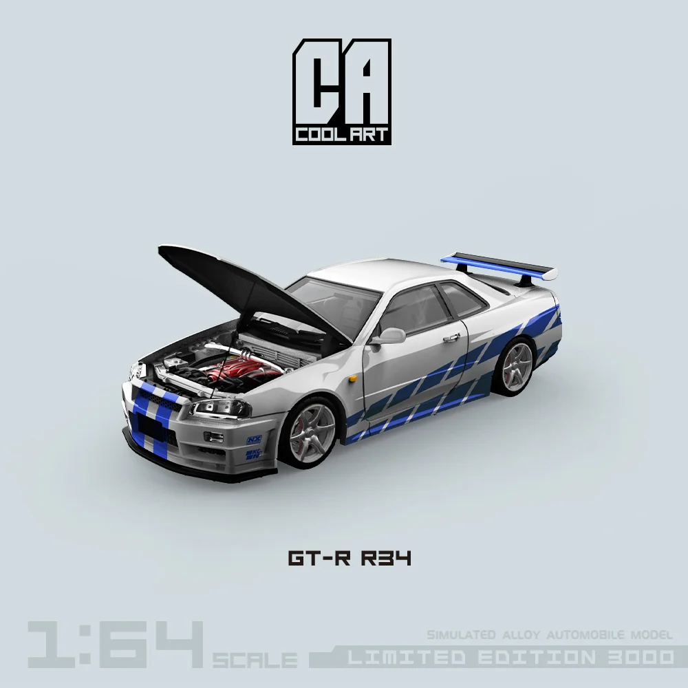 TIME MICRO/COOL ART 1:64 GTR-R34 Paul Blue Silver Flower Car Open Cover Model Car for Collection & Display & Gift 2