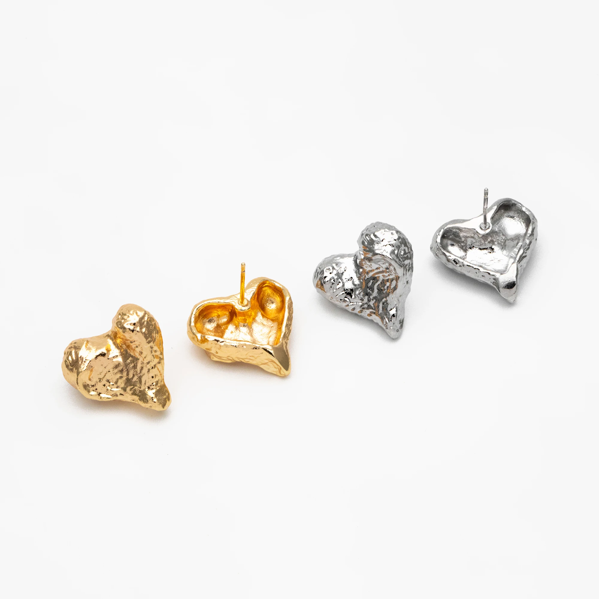 

4pcs Gold/ Silver Hammered Heart Earrings, Real Gold/ Rhodium Plated Brass, Geometric Earring Studs (GB-4307)