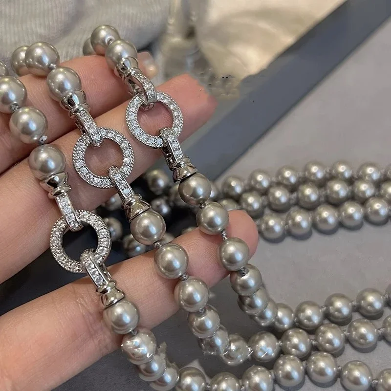 6/8/10MM Gray Simulated-pearl Beads Chain Necklace for Women Elegant Lady Long Sweater Chain Versatile High-grade Necklaces