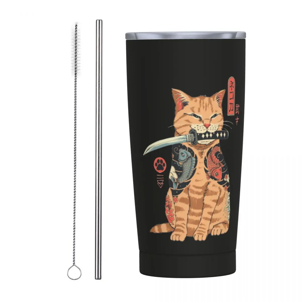 Catana Cat Bicchiere Isolato Con Cannucce Giapponese Giappone Retro Samurai Yakuza Vacuum Thermal Mug Office Home Car Bottle Cup, 20Oz