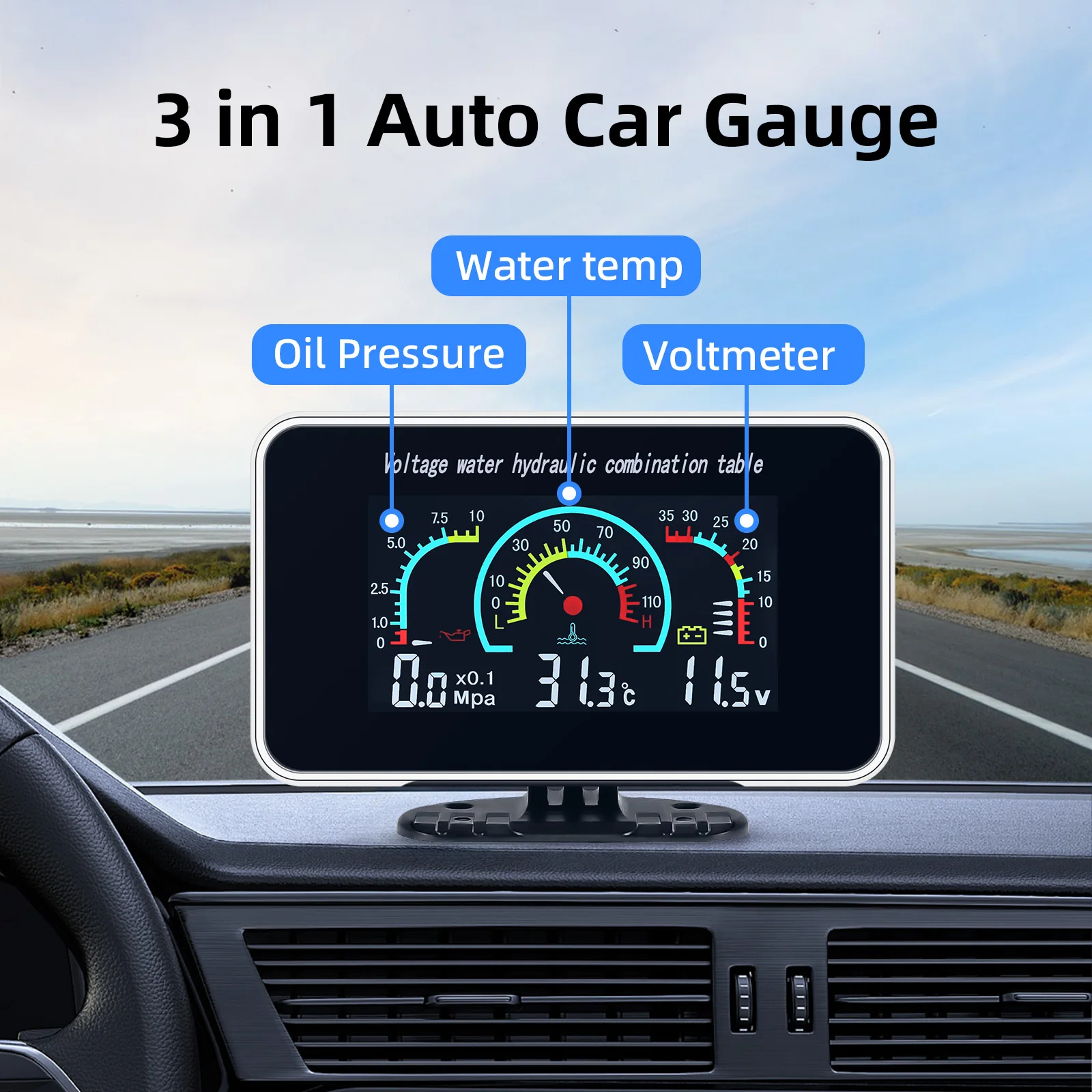 3 In 1 LCD Car Digital Oil Pressure Gauge Voltmeter Water Temp Meter 1/8 NPT Oil Pressure Sensor + Water Temperature Sensor 10mm